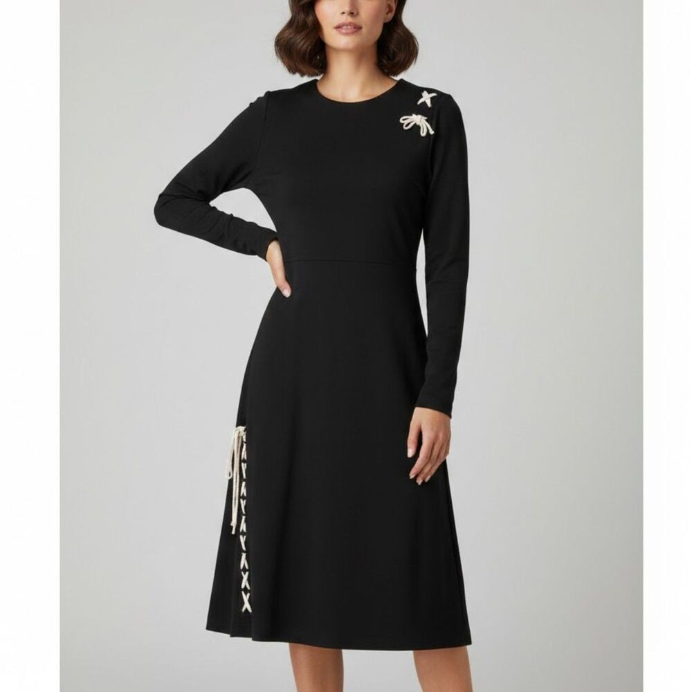 Black Long Sleeve Midi Dress Lace Up Side Detail Minimalist Chic Women's Size XS